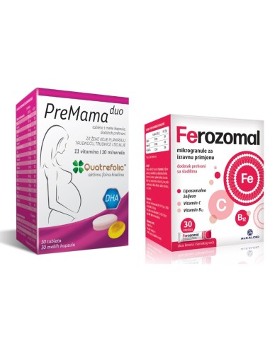 Alkaloid PreMama duo Quatrefolic tablete i kapsule + Ferozomal mikrogranule za izravnu primjenu