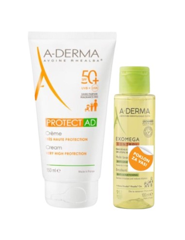 A-Derma Protect AD Krema SPF 50+ + Exomega Control Emolijentno ulje za tuširanje Promo pakiranje