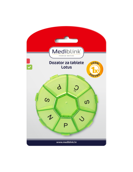 Mediblink Tjedni dozator za tablete Lotus 1x/dan crveni/zeleni M024/M025 Mediblink Tjedni dozator za tablete Lotus 1x/dan crveni/zeleni M024/M025