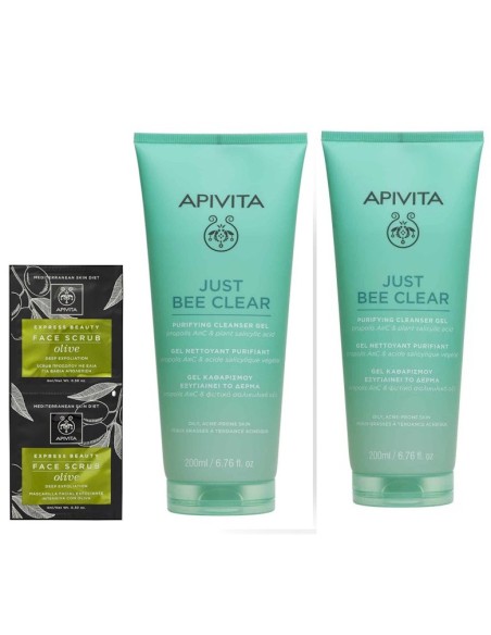 Apivita EXPRESS BEAUTY face scrub olive + Just Bee Clear gel za umivanje lica + Matirajuća hidratantna gel krema