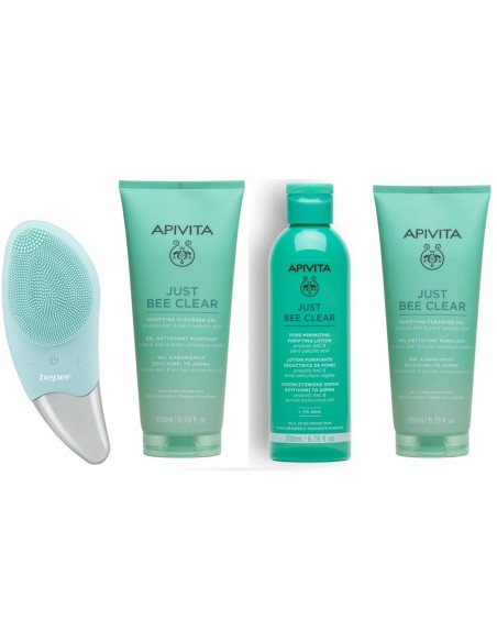 Beper ultrazvučni čistač + Apivita Just Bee Clear gel za umivanje + Losion + Matirajuća gel krema