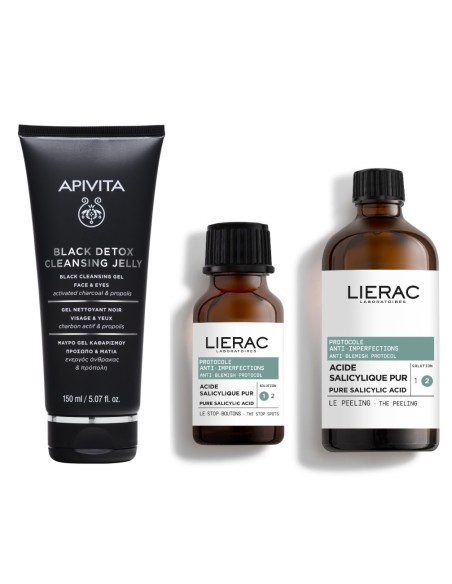 Apivita Black detox cleanser + Lierac Koncentrat protiv akni i prištića + Piling protiv akni i prištića