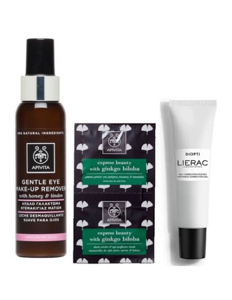 Apivita Gentle eye make-up remover + Apivita EB eye mask ginkgo biloba dark circles + Dioptipoche Gel