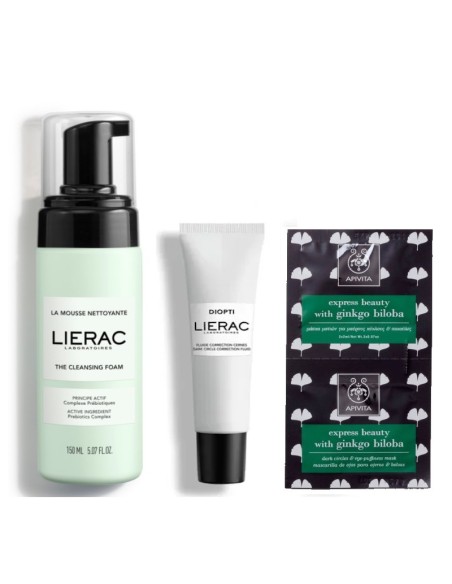 Lierac Pjena za čišćenje lica + Diopticerne fluid protiv tamnih podočnjaka + Apivita EB eye mask ginkgo biloba