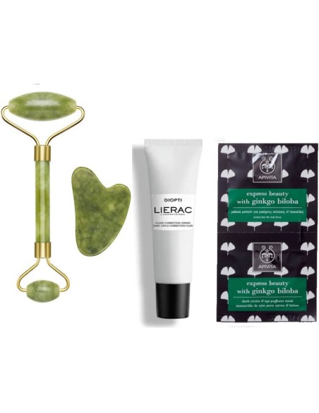 Lierac Diopticerne fluid protiv tamnih podočnjaka + Apivita EB eye mask ginkgo biloba + Beper Jade roller Lierac Diopticerne fluid protiv tamnih podočnjaka + Apivita EB eye mask ginkgo biloba + Beper Jade roller