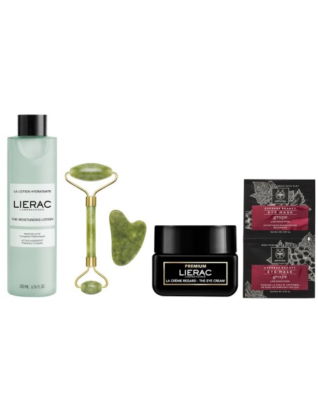 Lierac Hidratantni Losion + Beper Jade roller + Premium krema za područje oko očiju + Apivita EB eye mask grape