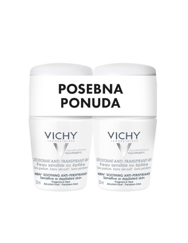 Vichy Deodorant Roll-on dezodorans za regulaciju znojenja do 48h za osjetljivu kožu Duo Promo pakiranje (bijeli)