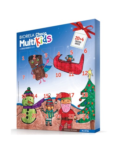 Biorela Choco Multi Kids čokoladice adventski kalendar 20+4 čokoladice gratis