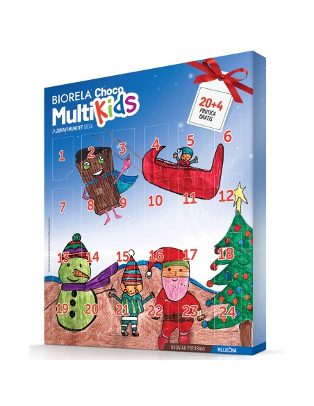 Biorela Choco Multi Kids čokoladice adventski kalendar 20+4 čokoladice gratis