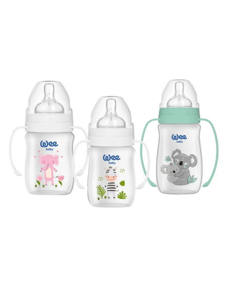 Wee Baby Safari antikolik bočica širokog grla s ručkama, plastična, 150/250 ml