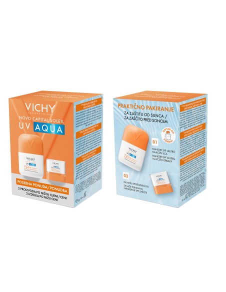 Vichy Capital Soleil UV Aqua nevidljivi hidracijski fluid SPF50+ + Stik za lice i usne SPF50+ Promo pakiranje